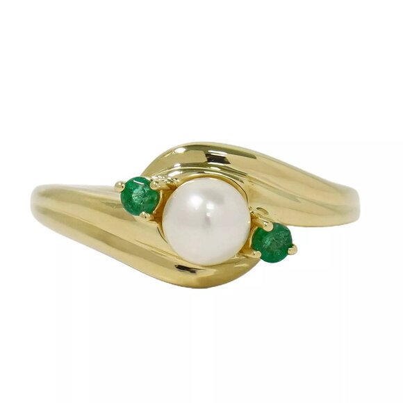 Pearl 4.7mm Emerald Ring K18 Yellow Gold US 6 2.0g